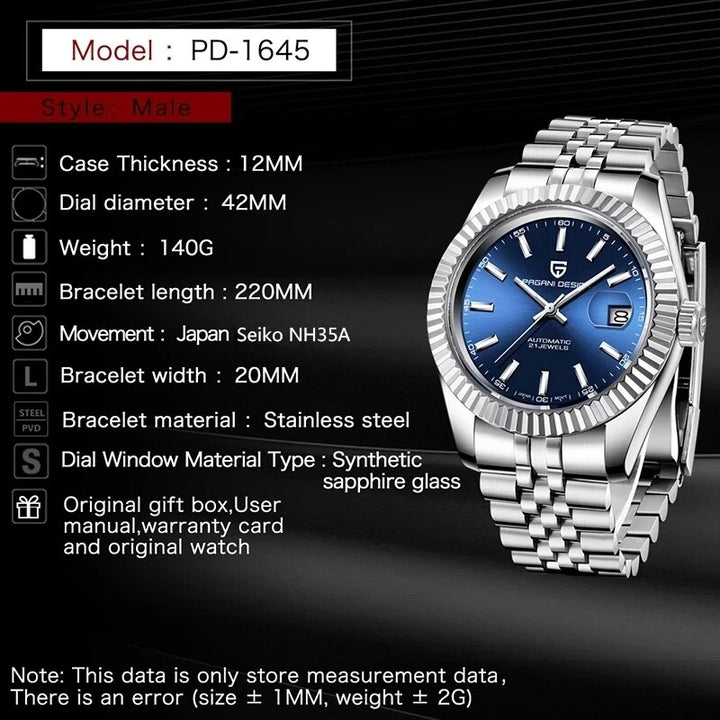 Relógio mecânico de luxo PAGANI PD-1645