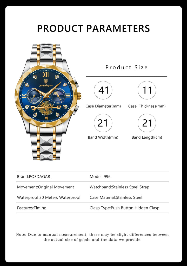 POEDAGAR Luxury Man Wristwatch Waterproof Luminous Chronograph Watch for Men