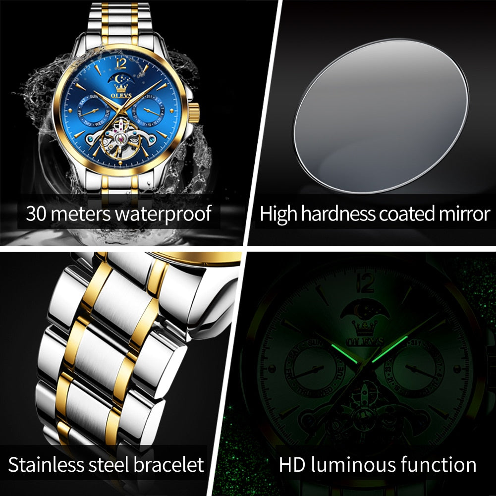 OLEVS Men Watches Mechanical Luxury Waterproof Moon Phase Date Skeleton Stainless steel Leather Strap Automatic Men's Watch