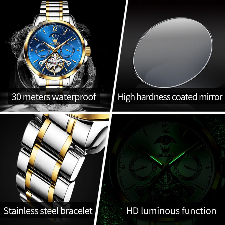 OLEVS Men Watches Mechanical Luxury Waterproof Moon Phase Date Skeleton Stainless steel Leather Strap Automatic Men's Watch